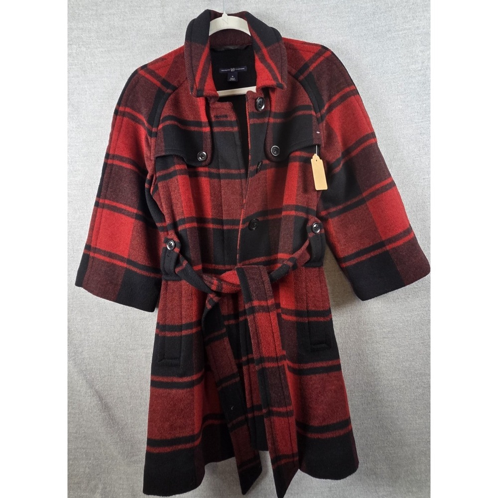 Old Navy Wool Trench Jacket Peacoat Red Buffalo Plaid M Belted Overcoat Preppy